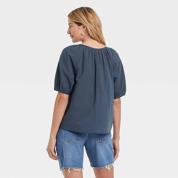 Universal Thread Blouse Puff Short Sleeve Button Up Down Front Navy Size M or L - Picture 3 of 5